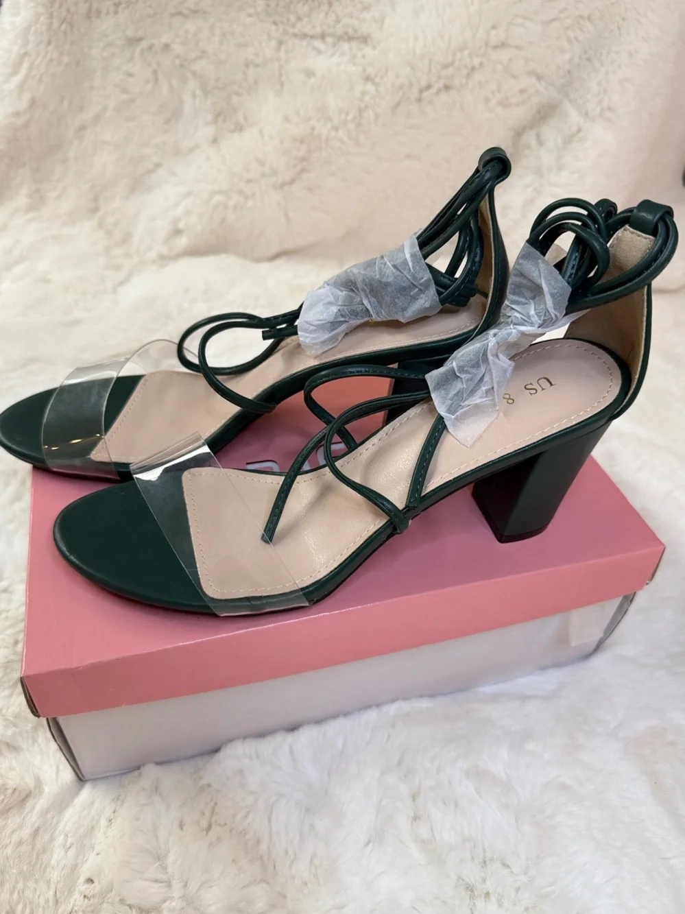 Allegra K Dark Green Block Heel Sandals with Clear Strap
